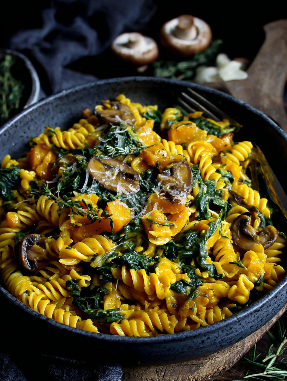 A bowl of pasta with mushrooms and spinach.