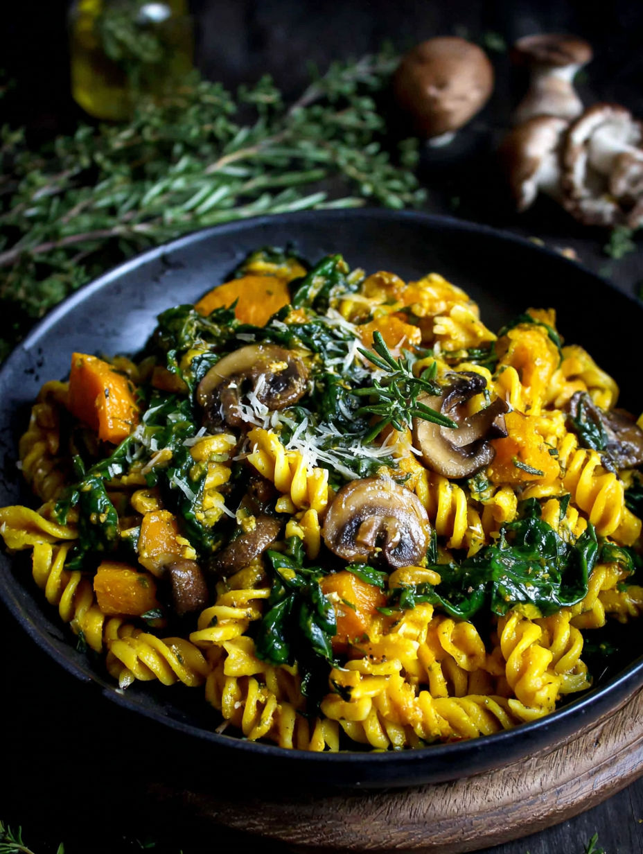 A bowl of pasta with mushrooms, spinach, and pumpkin.