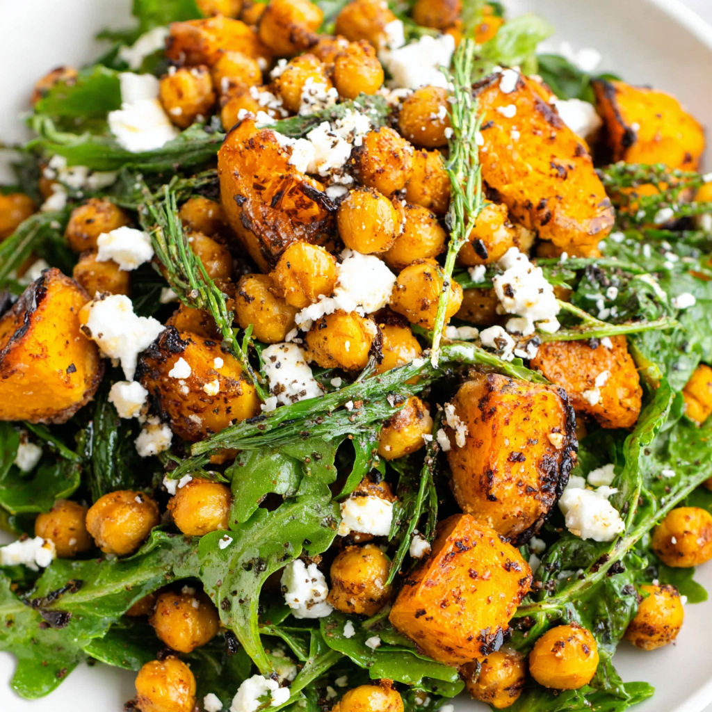 A bowl of roasted pumpkin chickpea salad.