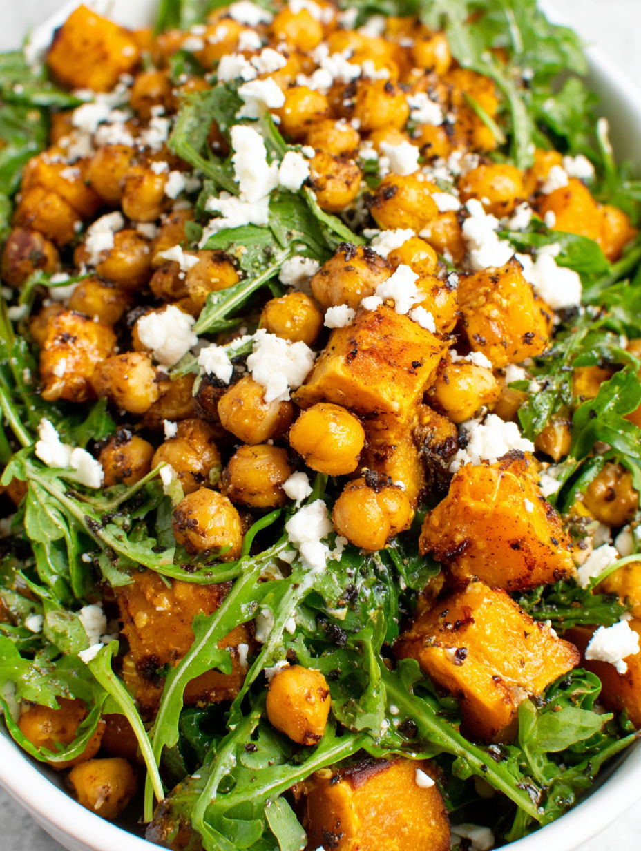 A salad with chickpeas, spinach, and feta cheese.