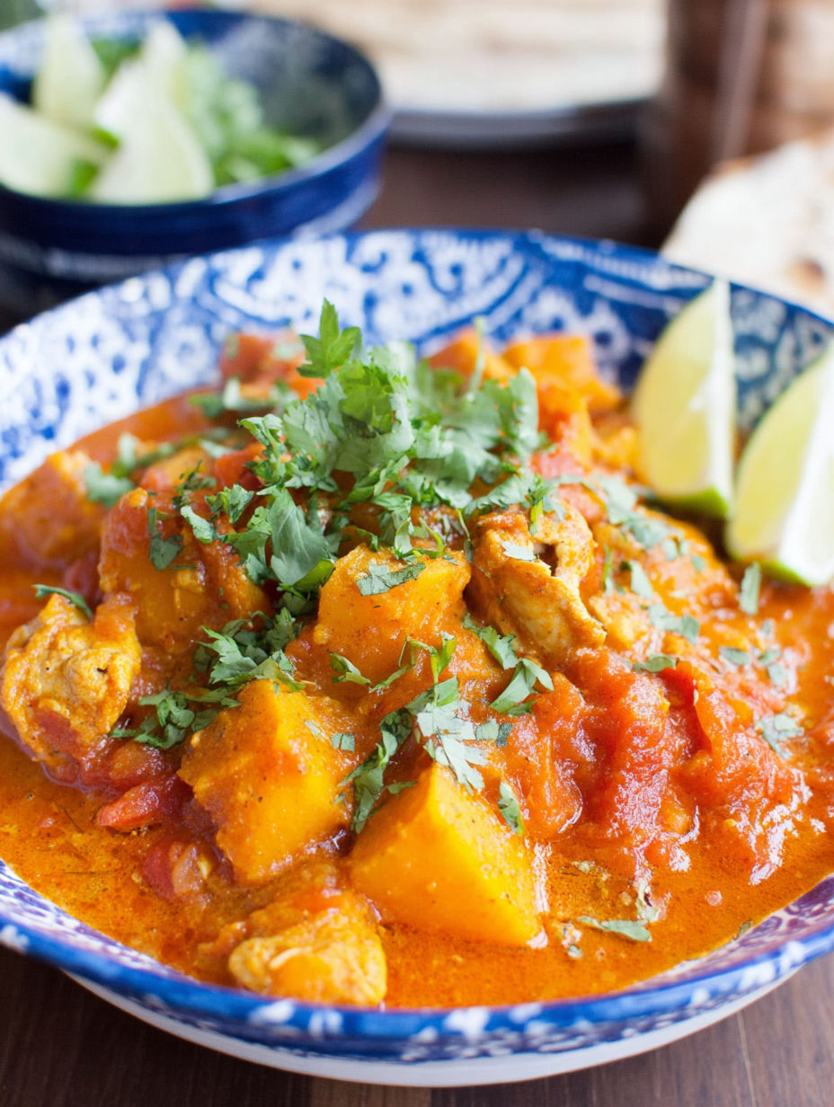 A bowl of chicken and butternut squash curry.