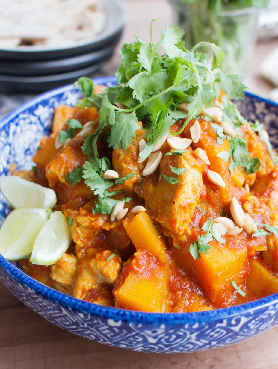 A bowl of chicken and butternut squash curry.