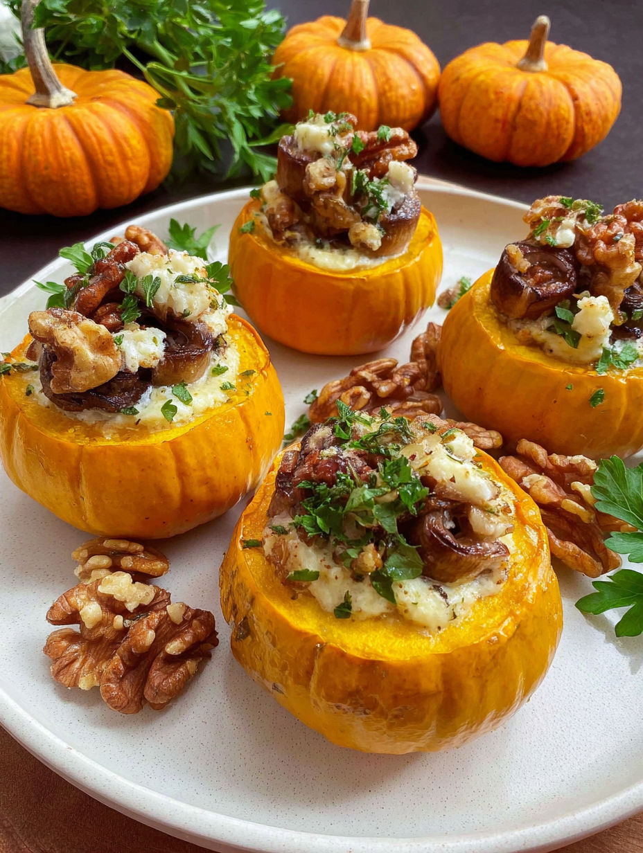 Four mini pumpkins filled with stuffing.