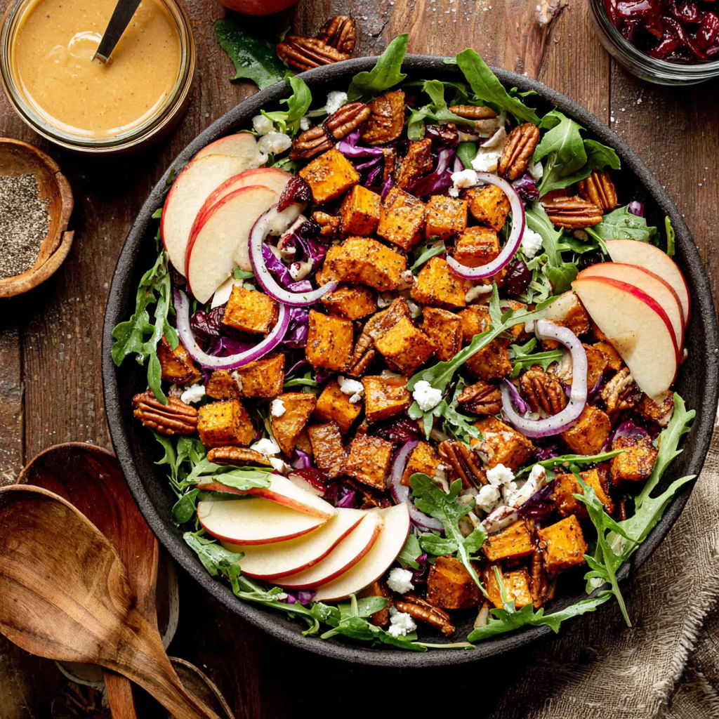 A bowl of salad with roasted sweet potatoes.