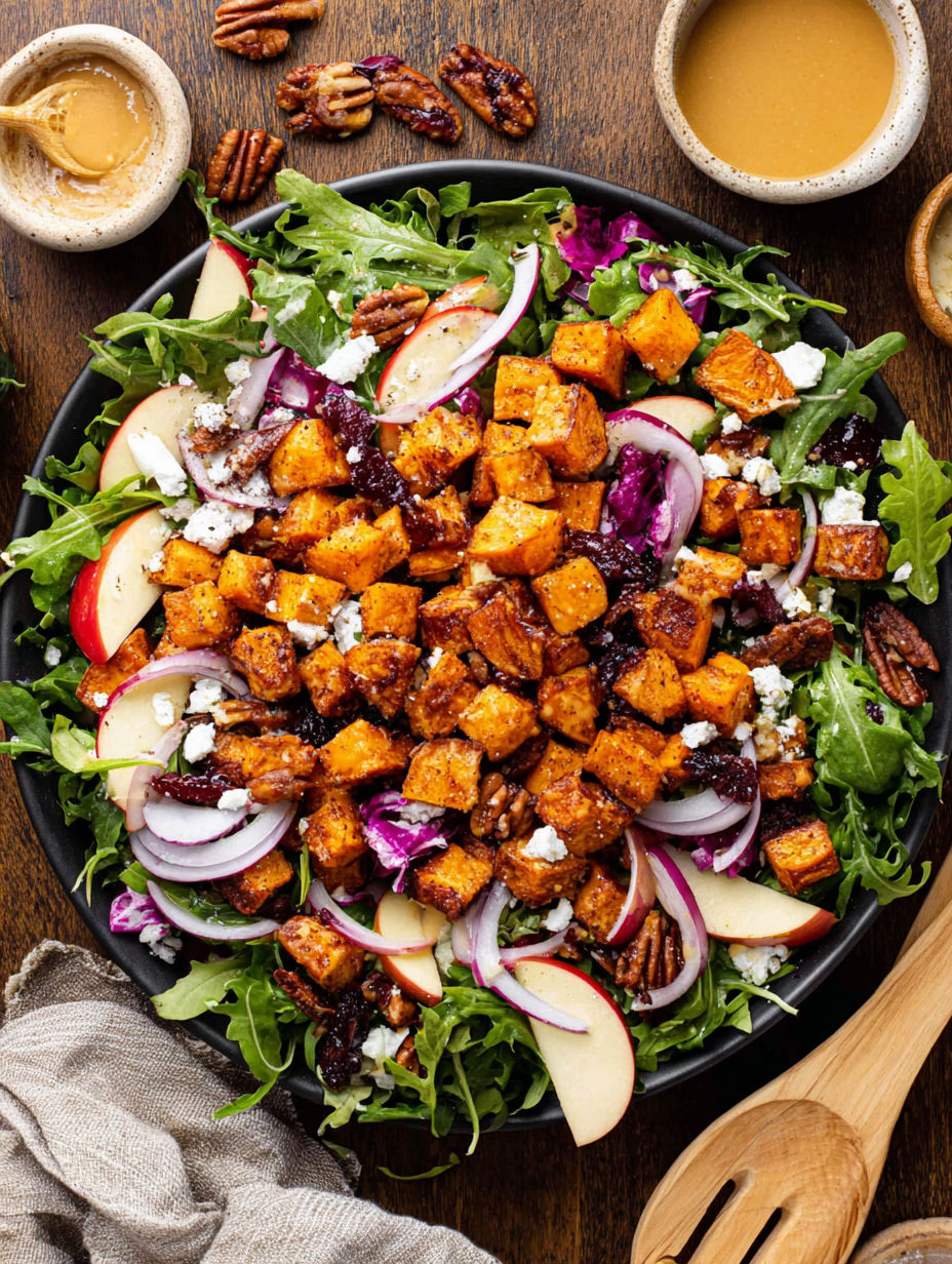 A salad with roasted sweet potatoes and apples.
