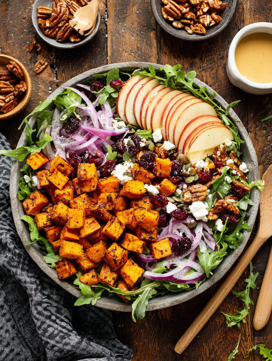 A bowl of salad with roasted sweet potatoes.