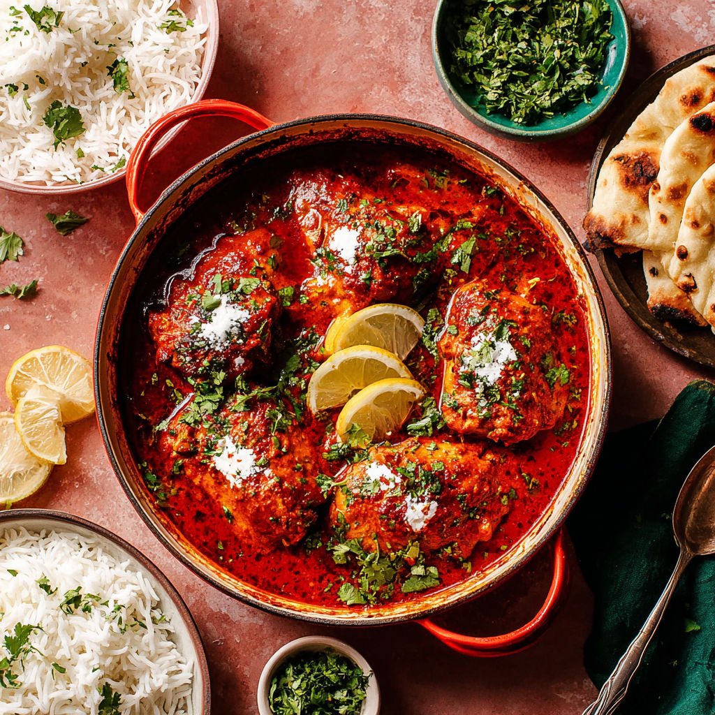 A dish of baked butter chicken with lemon and herbs.