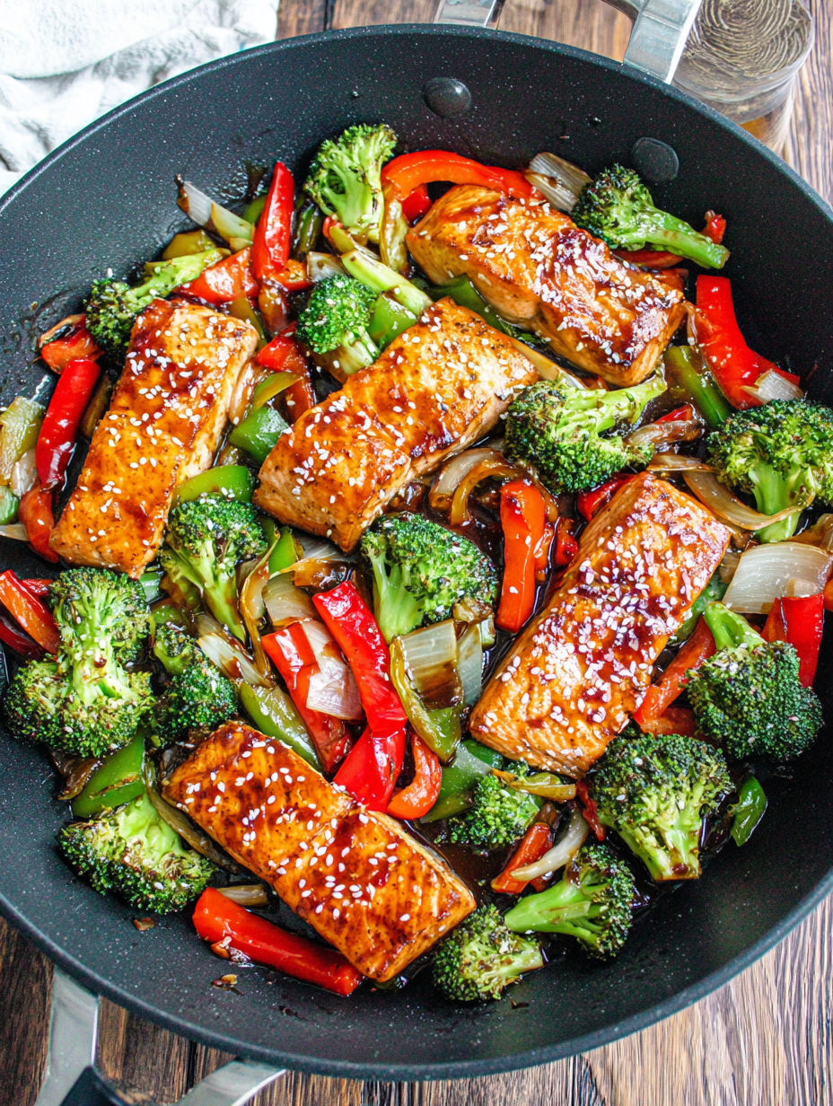 A pan of baked fish with broccoli and peppers.