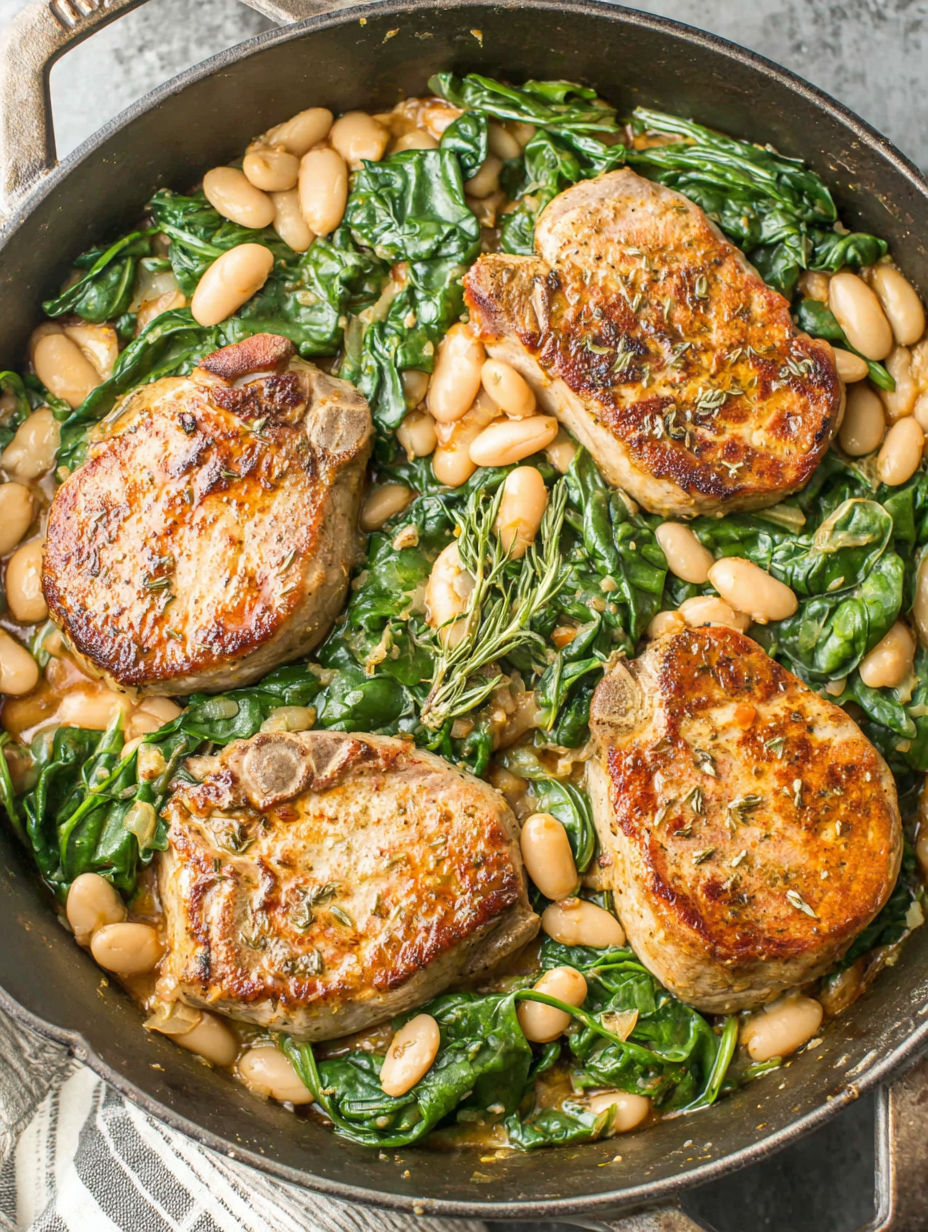 A skillet dinner with pork chops, white beans, and spinach.