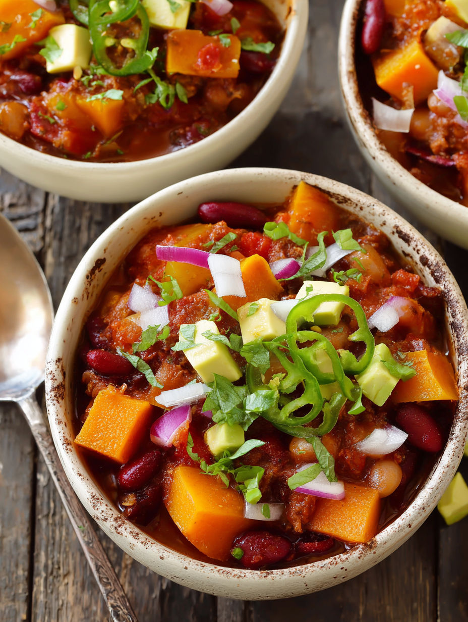 A bowl of chili with butternut squash and green onions.