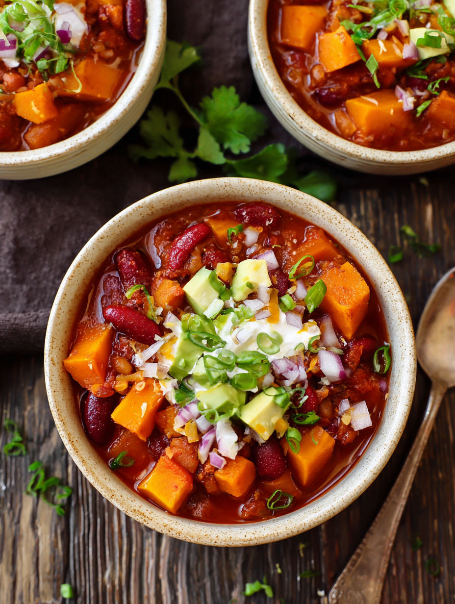 A bowl of chili with butternut squash and avocado.