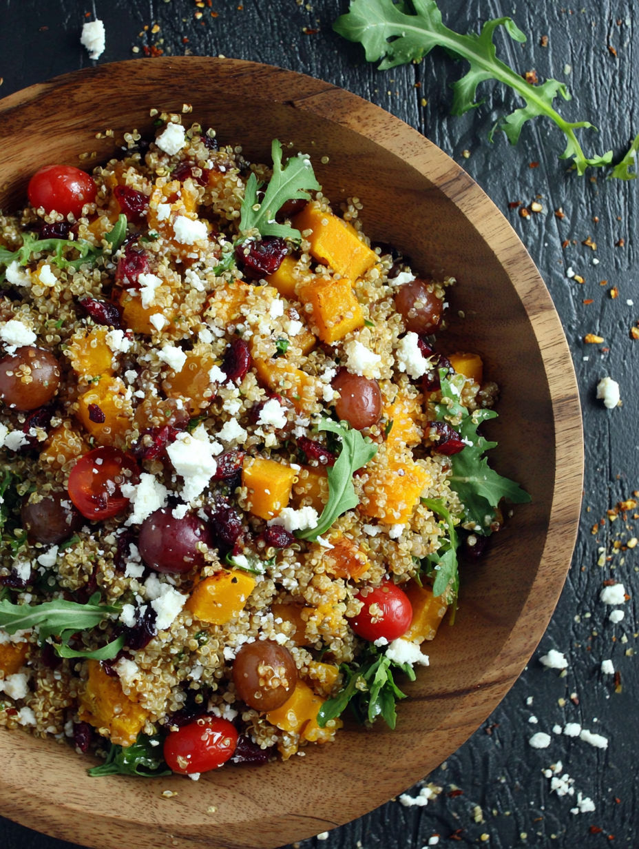 A bowl of quinoa salad with butternut squash, tomatoes, and greens.