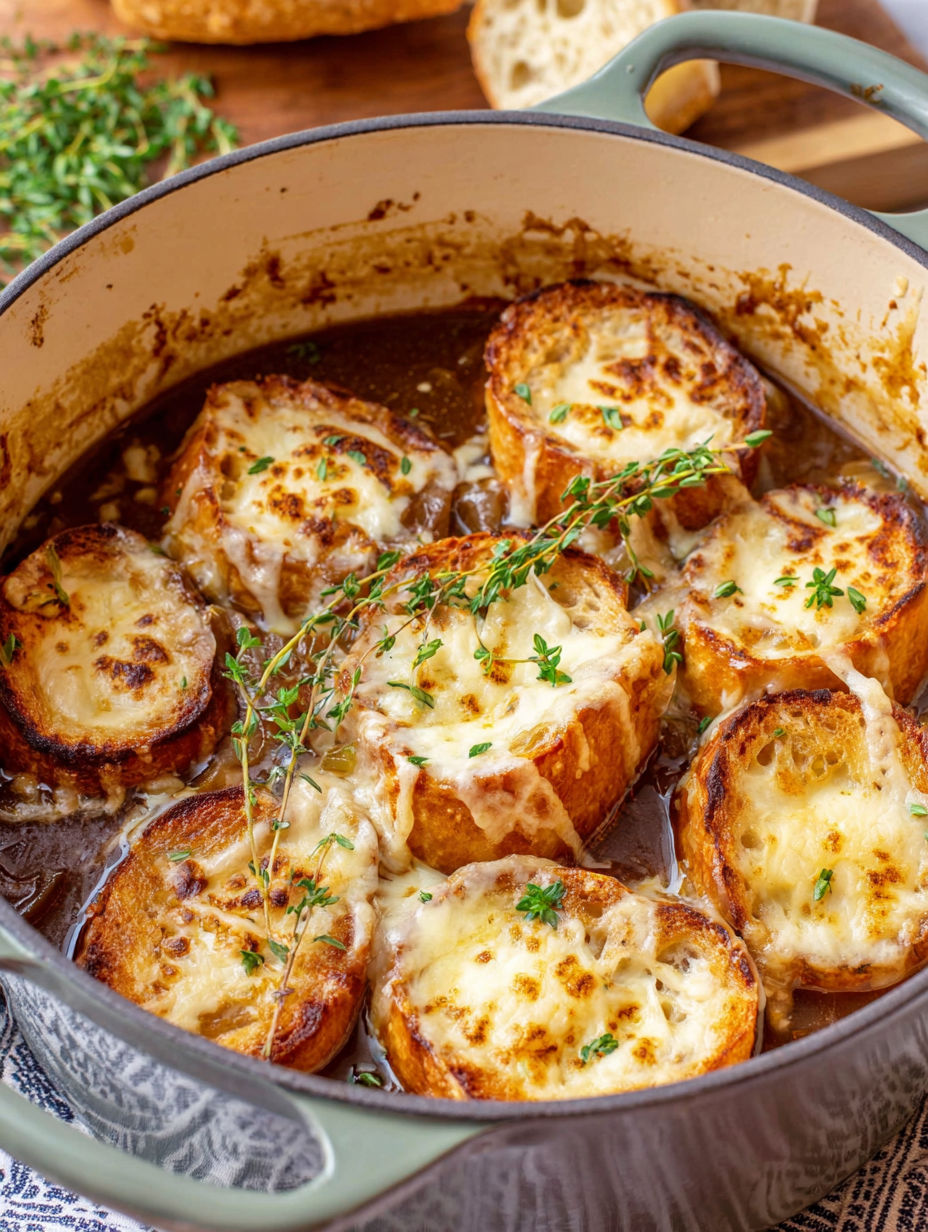 French onion soup with bread and cheese.
