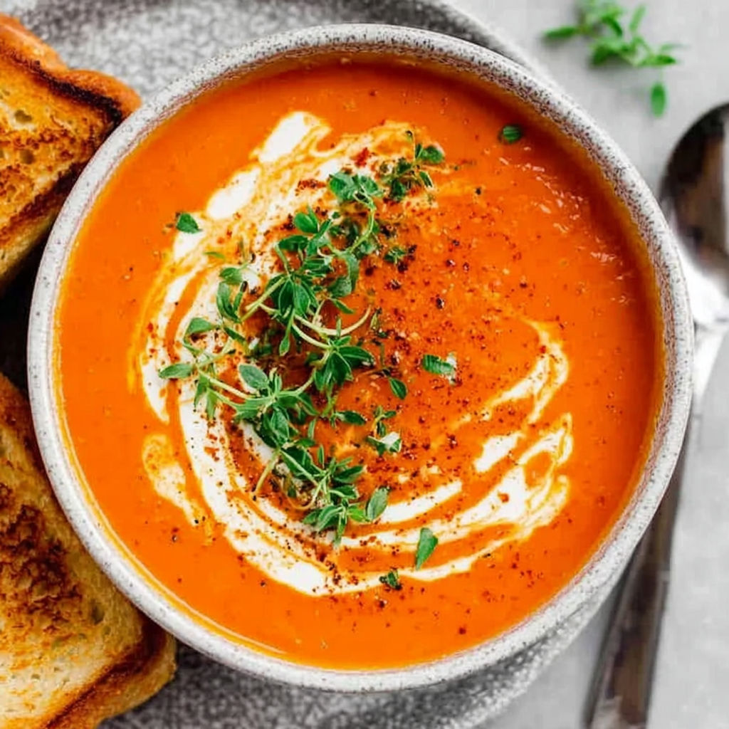 A bowl of tomato bisque with a spoon in it.