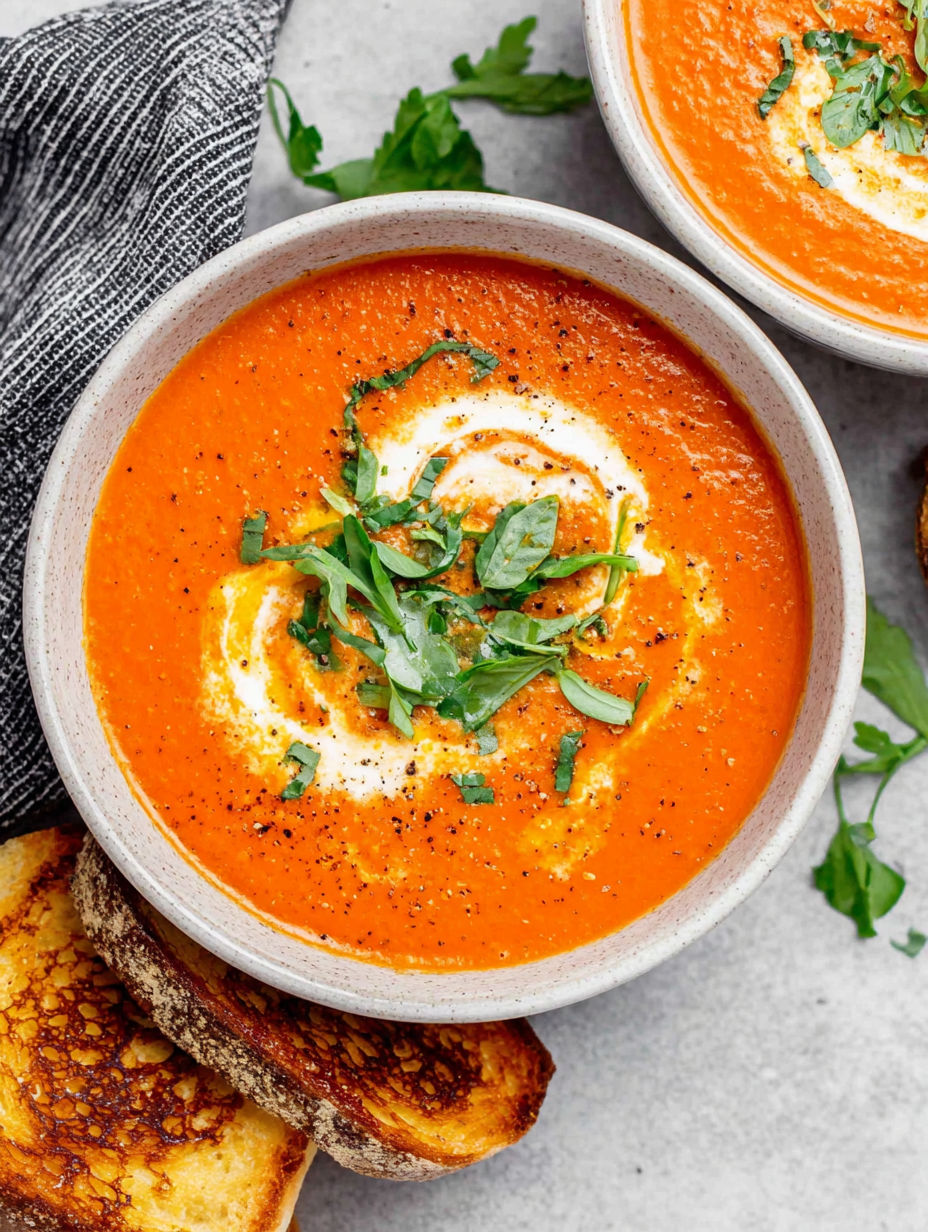 A bowl of tomato bisque with a spoon in it.
