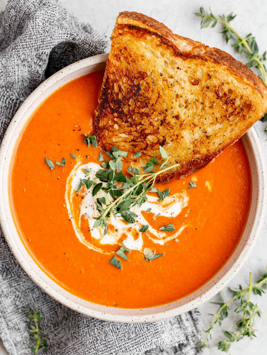 A bowl of tomato bisque with a piece of toast on top.