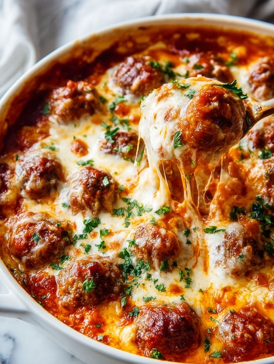 A close up of a meatball casserole with a spoon in it.