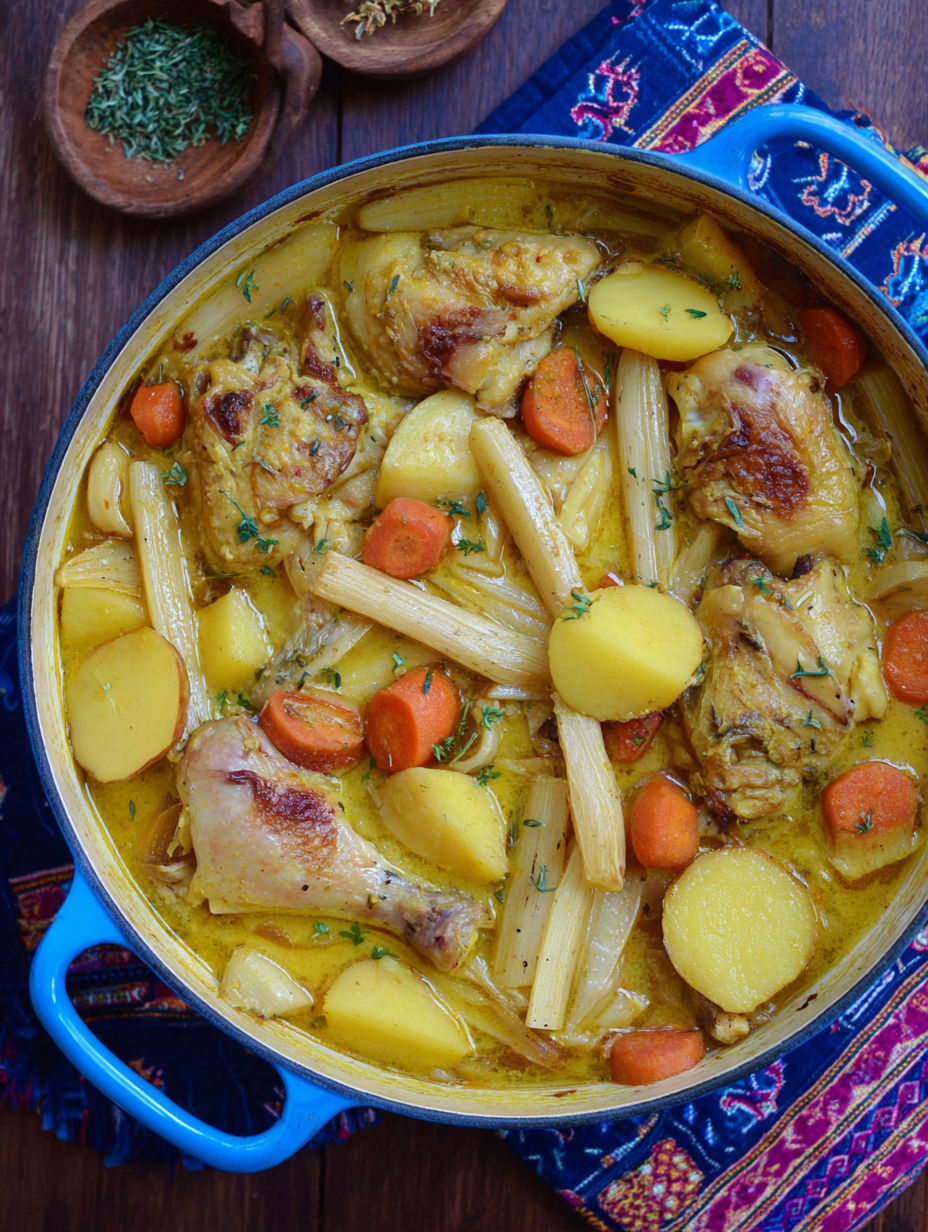 A pot of chicken stew with parsnips and carrots.
