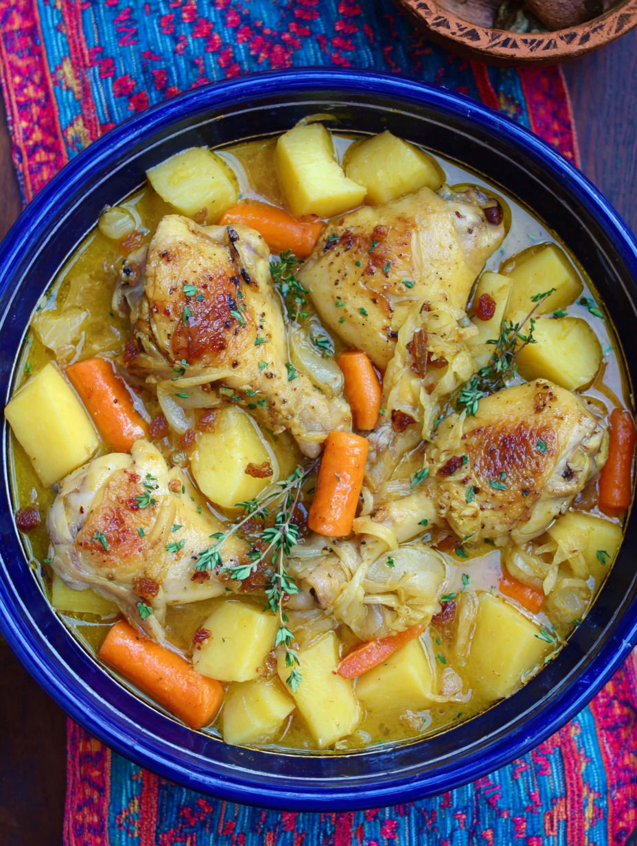 A bowl of chicken stew with carrots and parsnips.