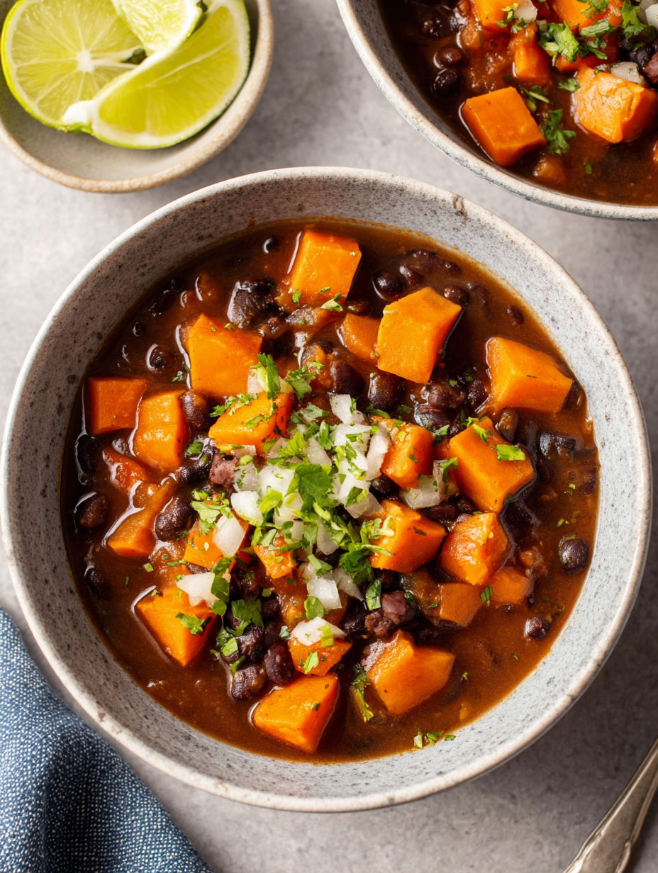 A bowl of Sweet Potato Black Bean Soup.