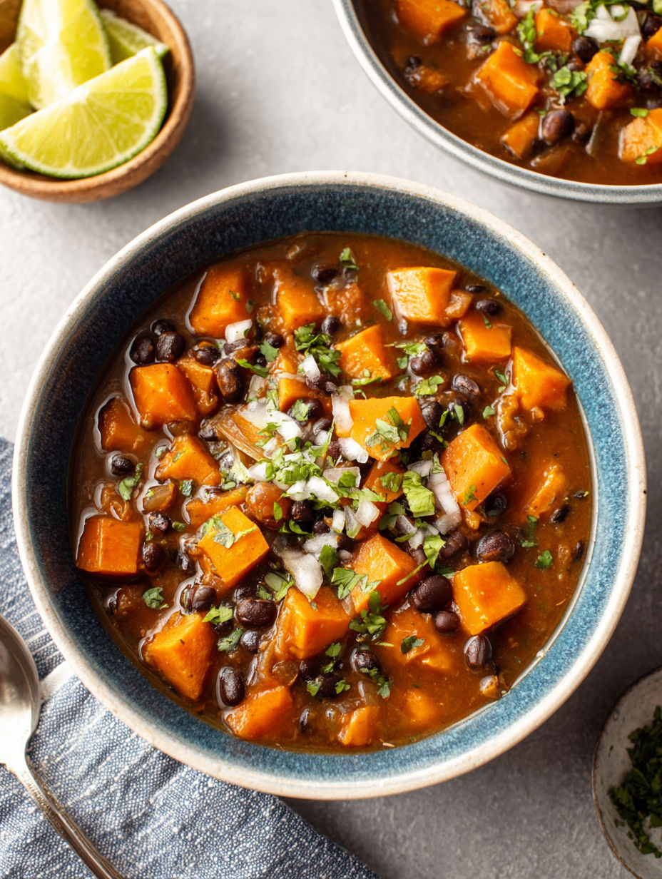 A bowl of Sweet Potato Black Bean Soup.
