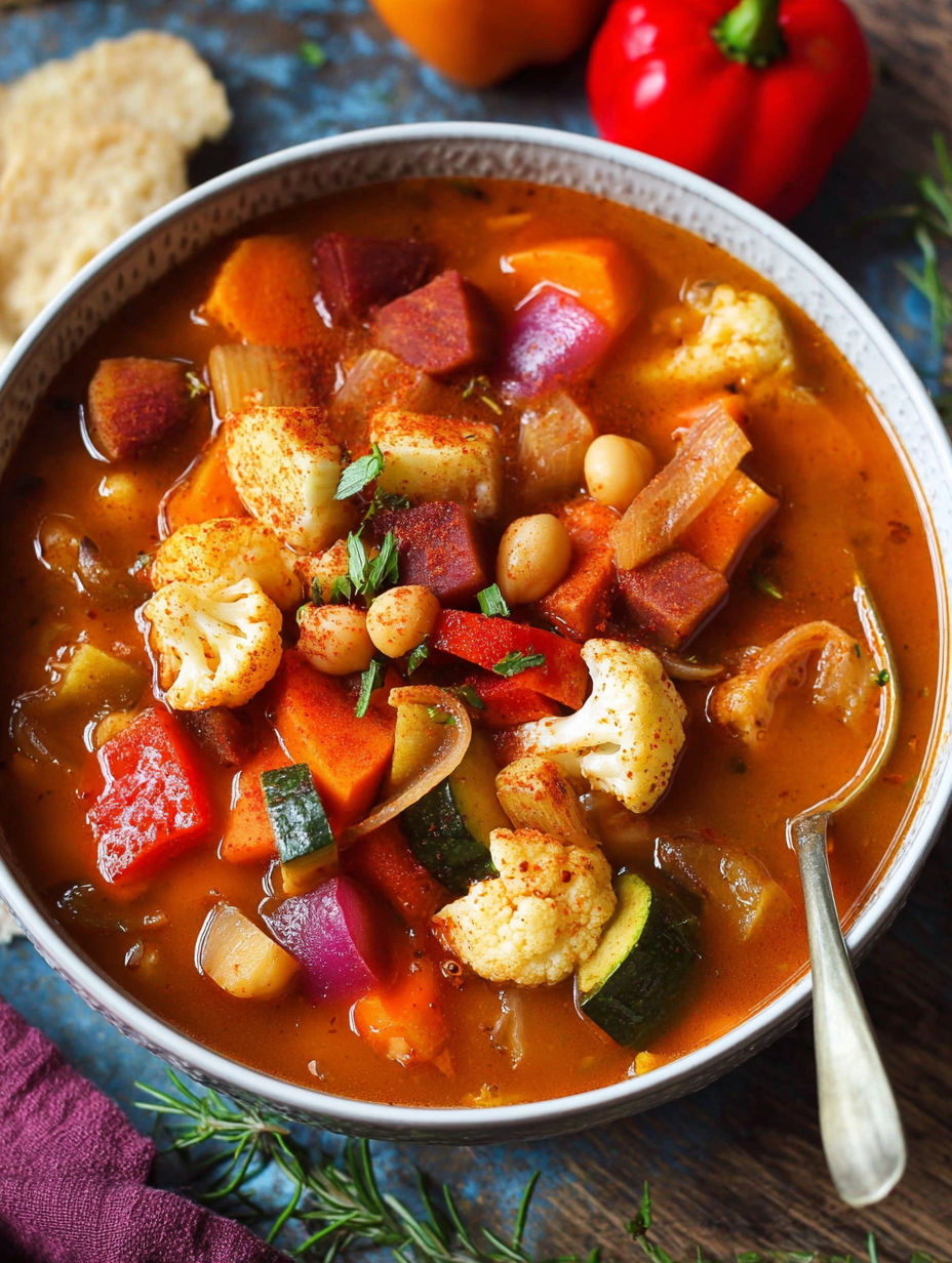 A bowl of soup with vegetables in it.