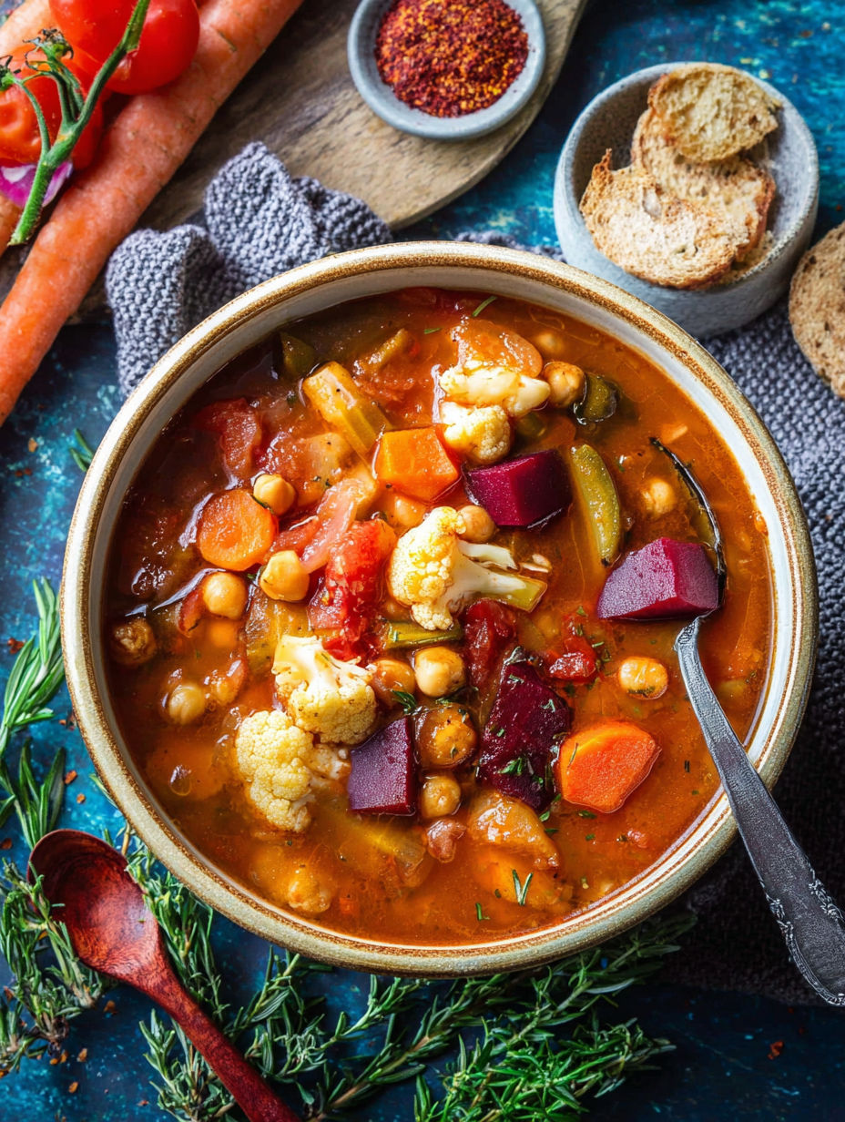 A bowl of soup with vegetables in it.