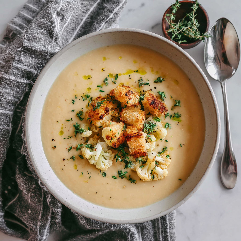 A bowl of soup with cauliflower and herbs.