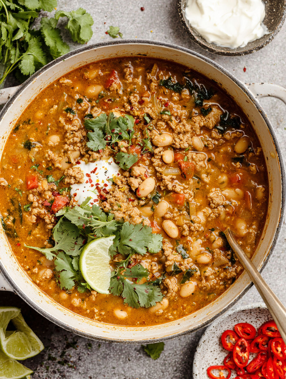 A bowl of Turkey and White Bean Chili.