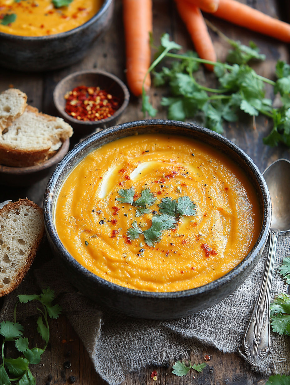 A bowl of spicy carrot ginger soup with a spoon in it.