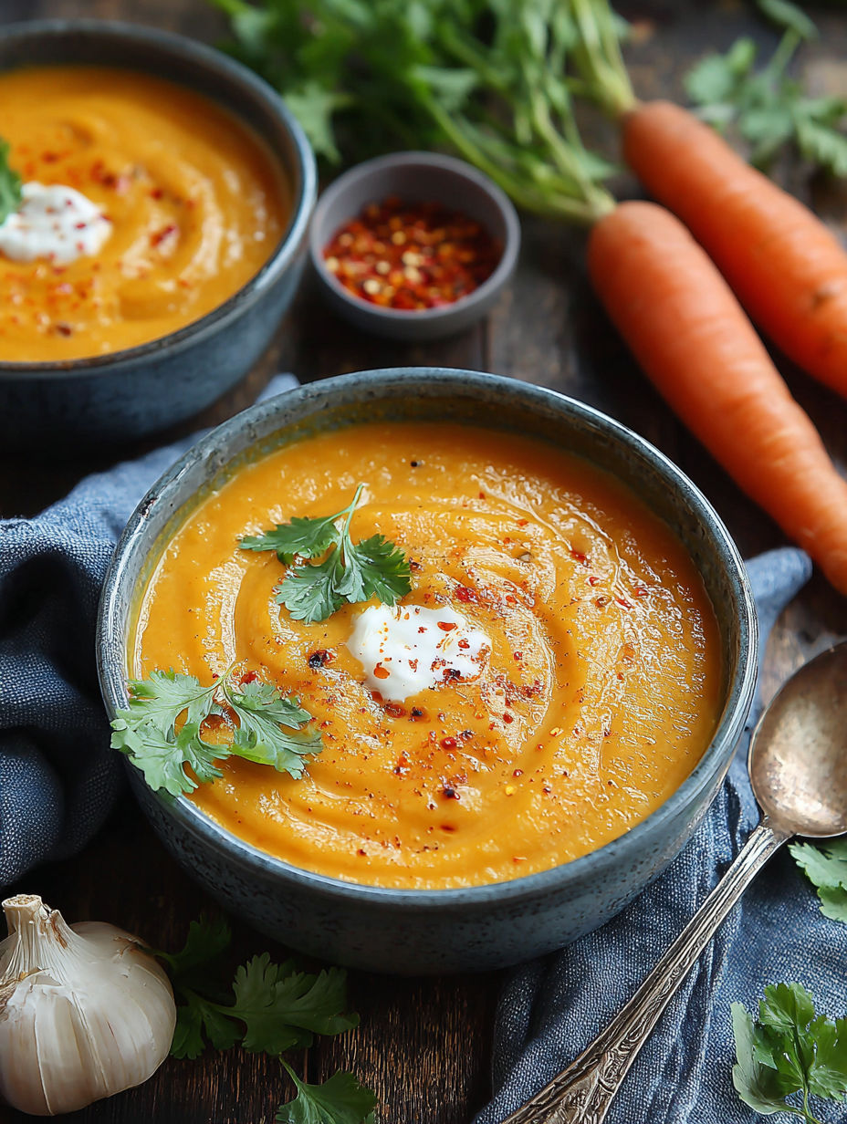 A bowl of spicy carrot ginger soup with a spoon in it.