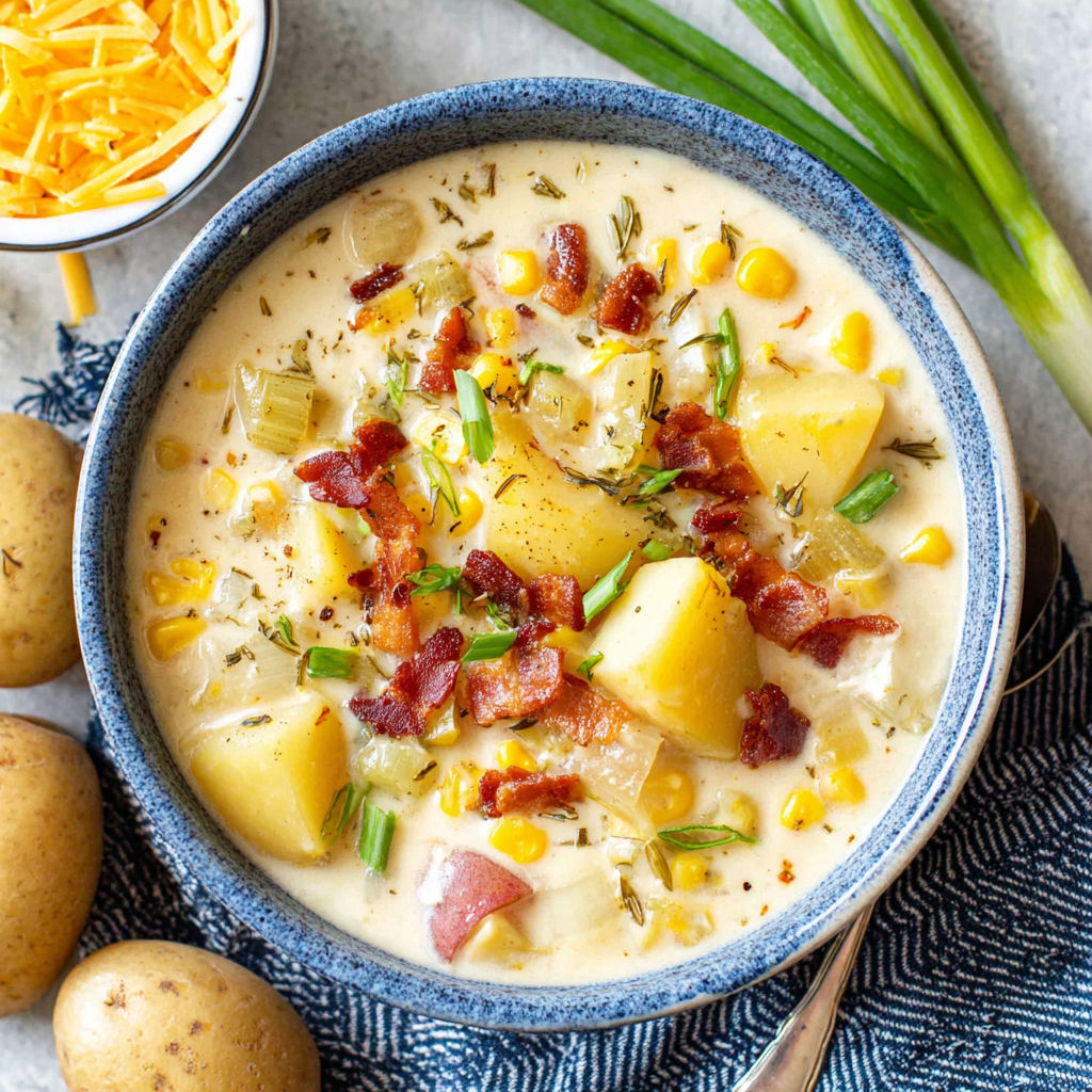 A bowl of potato corn chowder with bacon and cheese.
