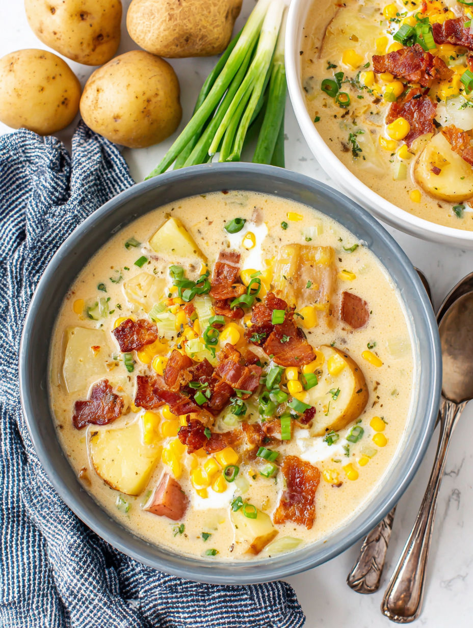 A bowl of potato corn chowder with bacon and corn.