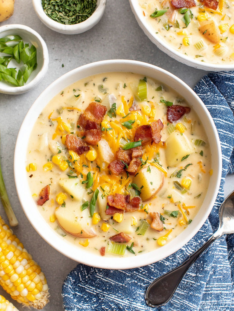 A bowl of potato corn chowder.
