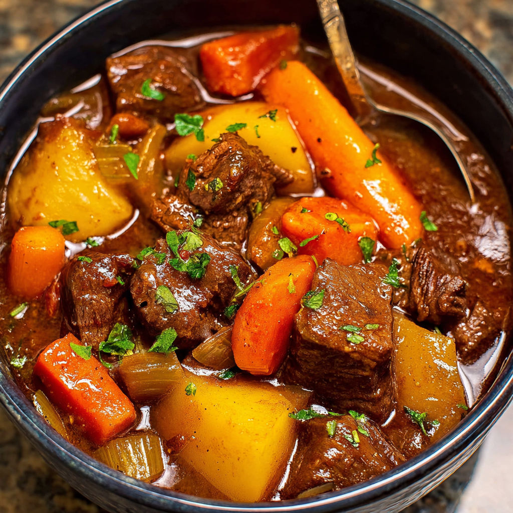 A bowl of beef stew with carrots and onions.
