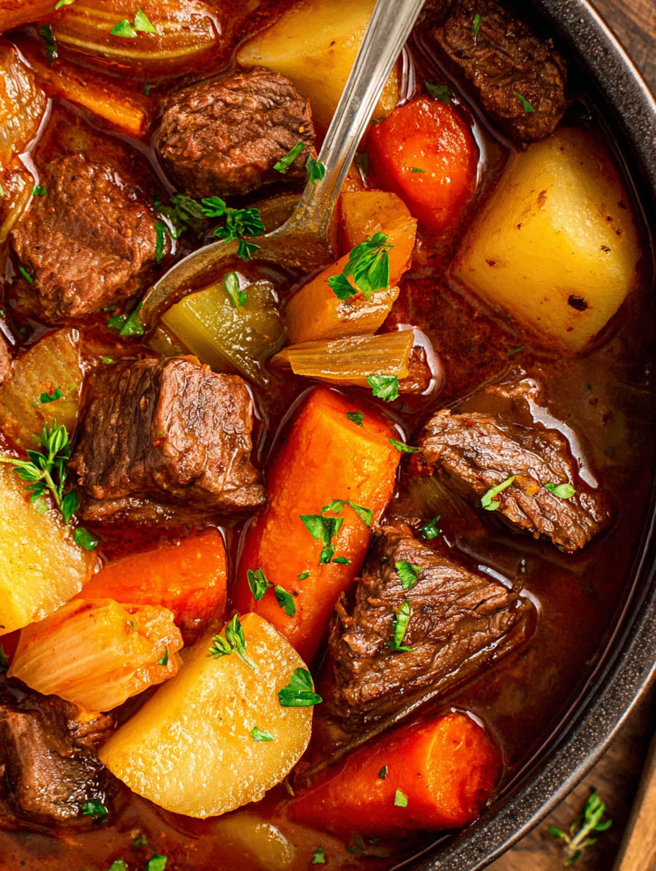 A close up of a beef stew with carrots and onions.