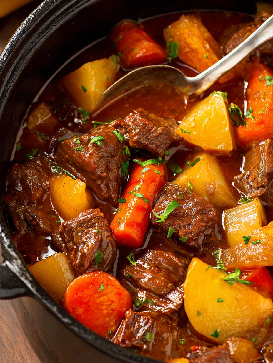 A bowl of beef stew with carrots and parsley.