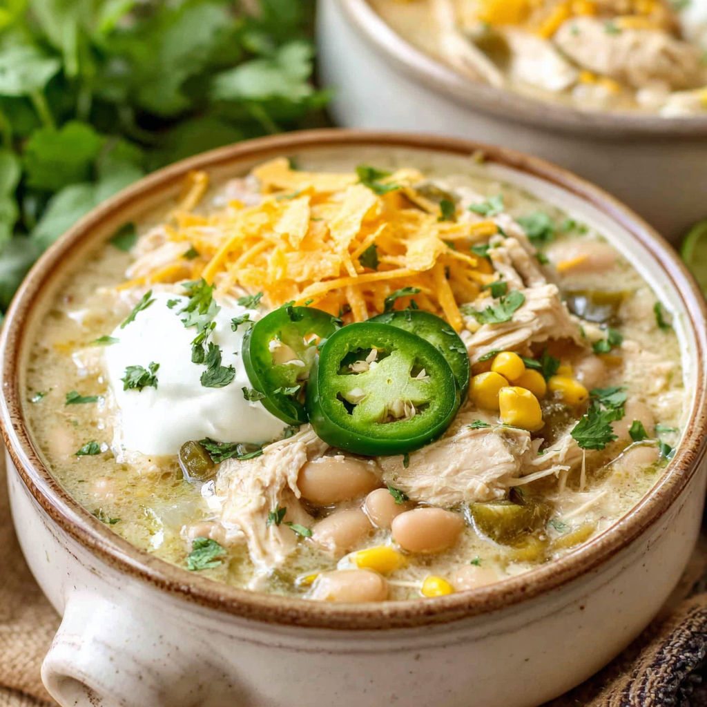A bowl of chili with white cheese and jalapenos.