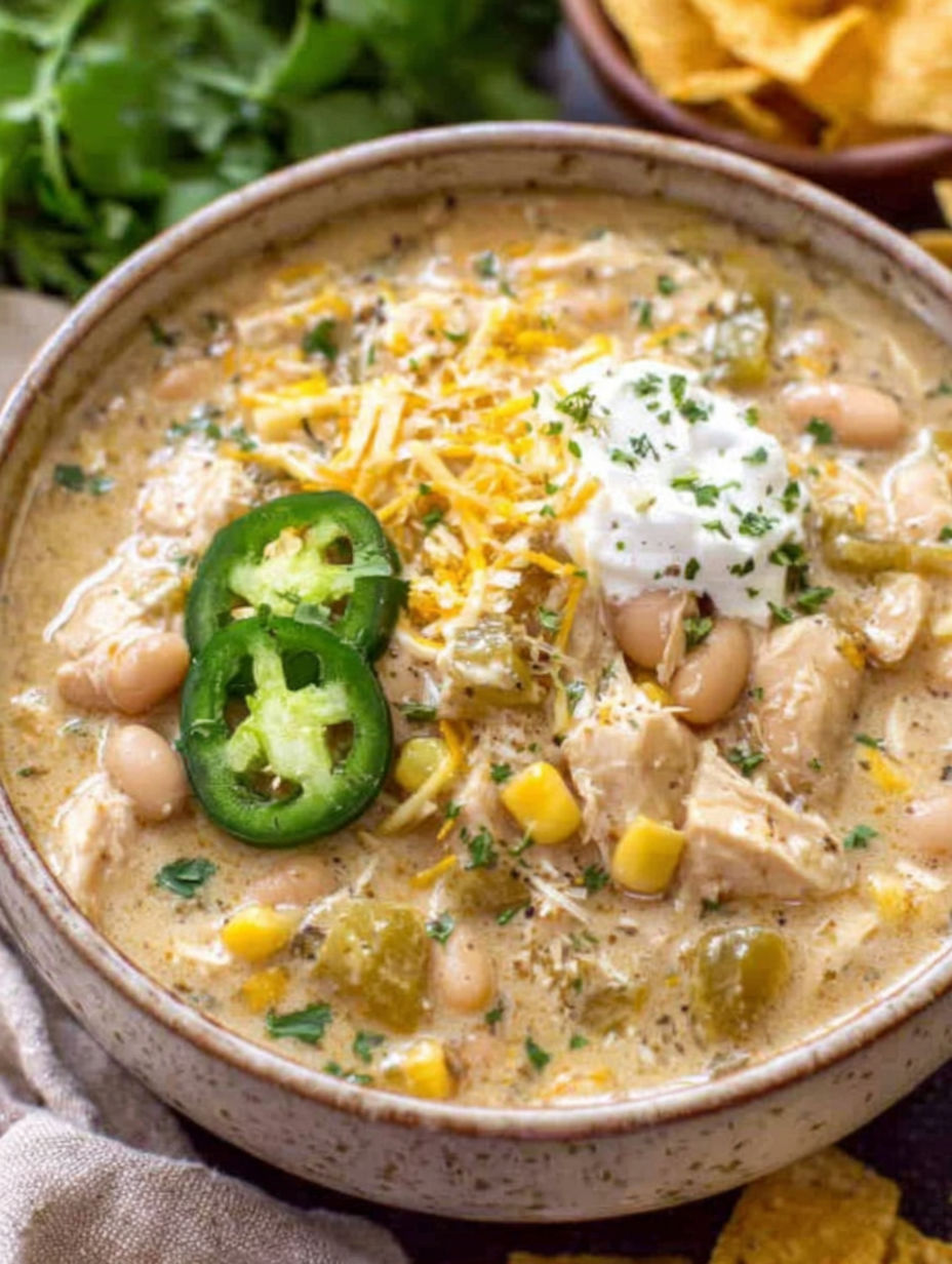 A bowl of chili with white cheese and jalapenos.