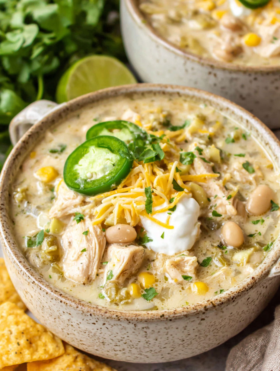 A bowl of chicken chili with white cheese and green peppers.