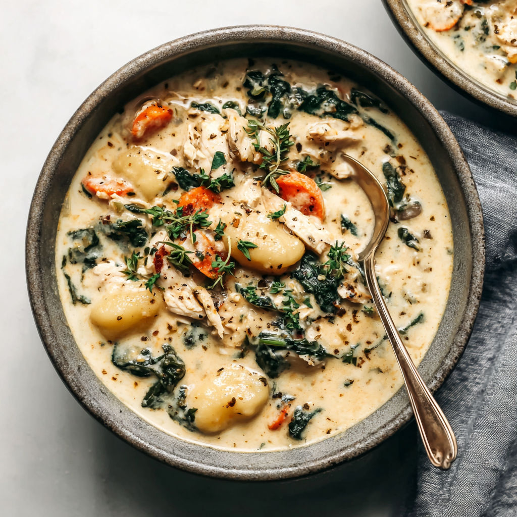 A bowl of soup with chicken and gnocchi.