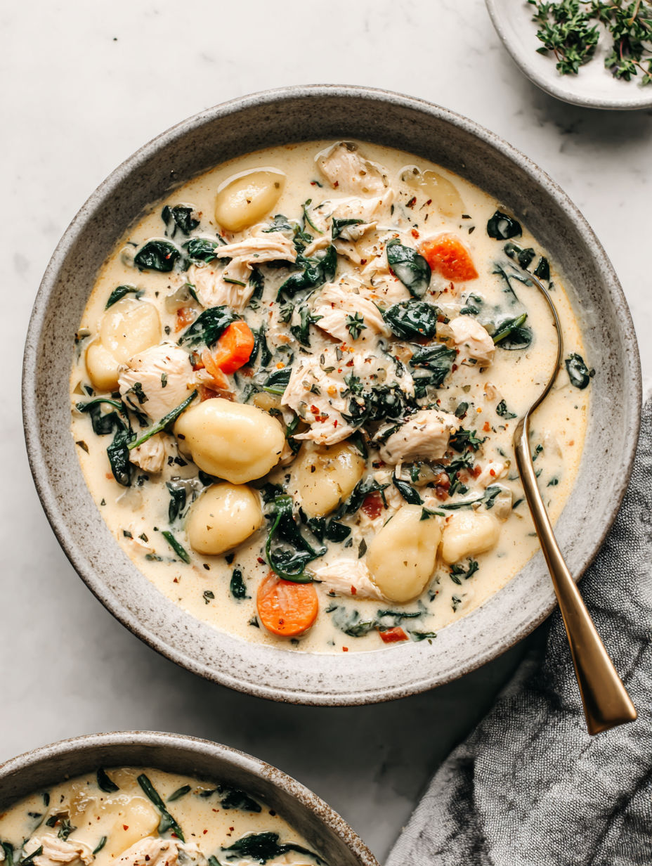A bowl of soup with chicken, gnocchi, and greens.