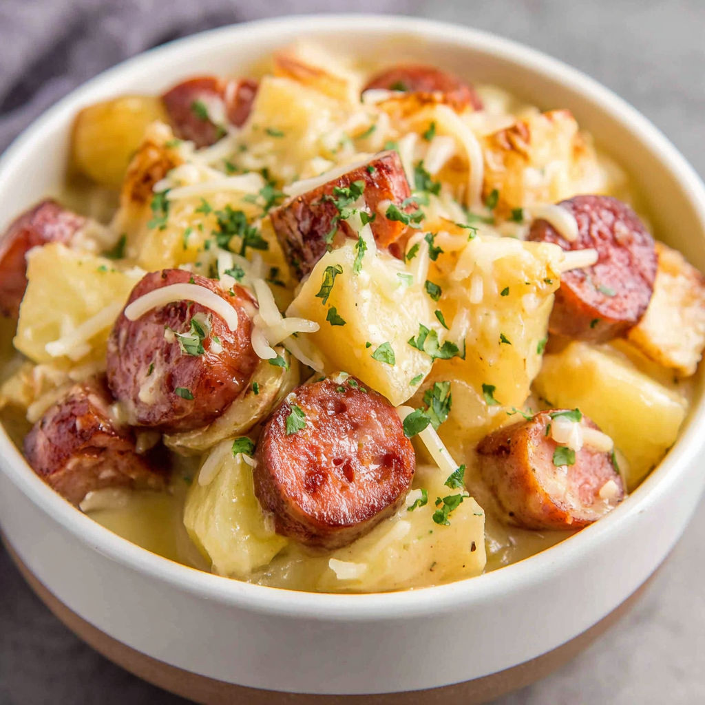 A bowl of food with sausage and potatoes.
