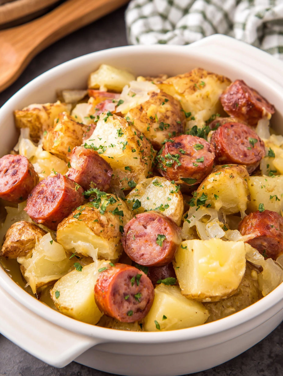 A bowl of potatoes and sausage.