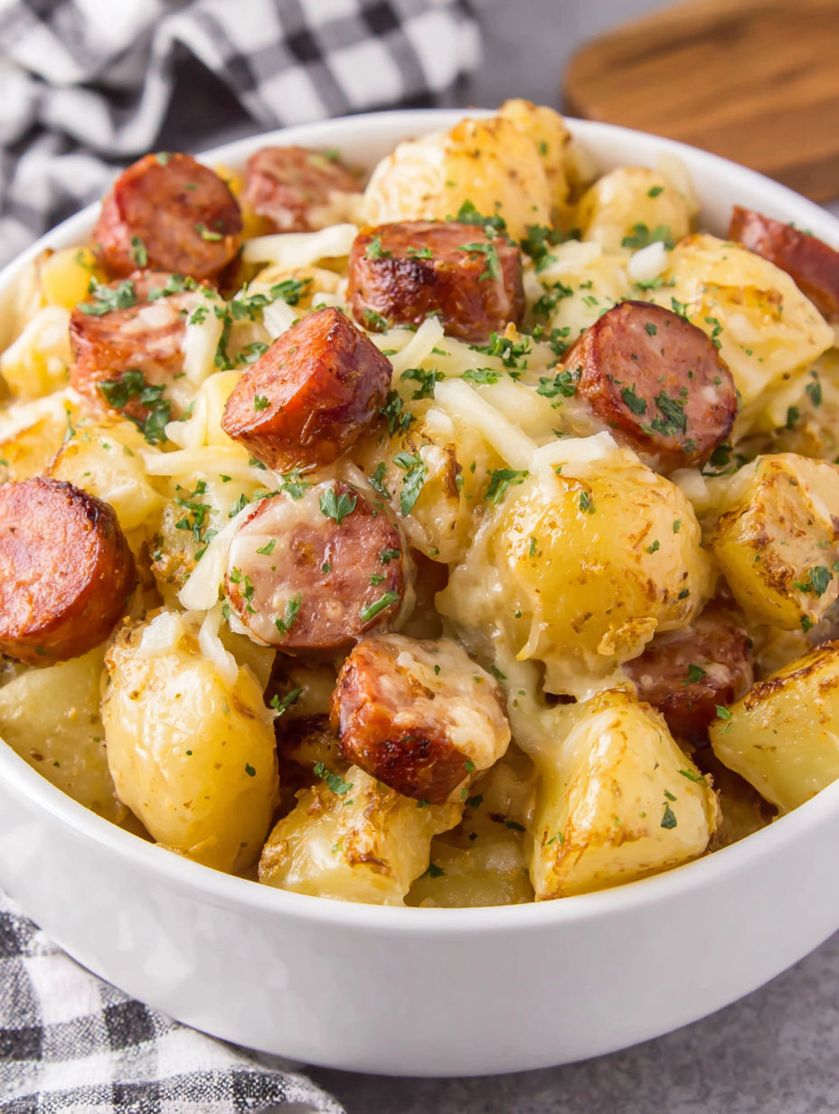 A bowl of potatoes and sausage.
