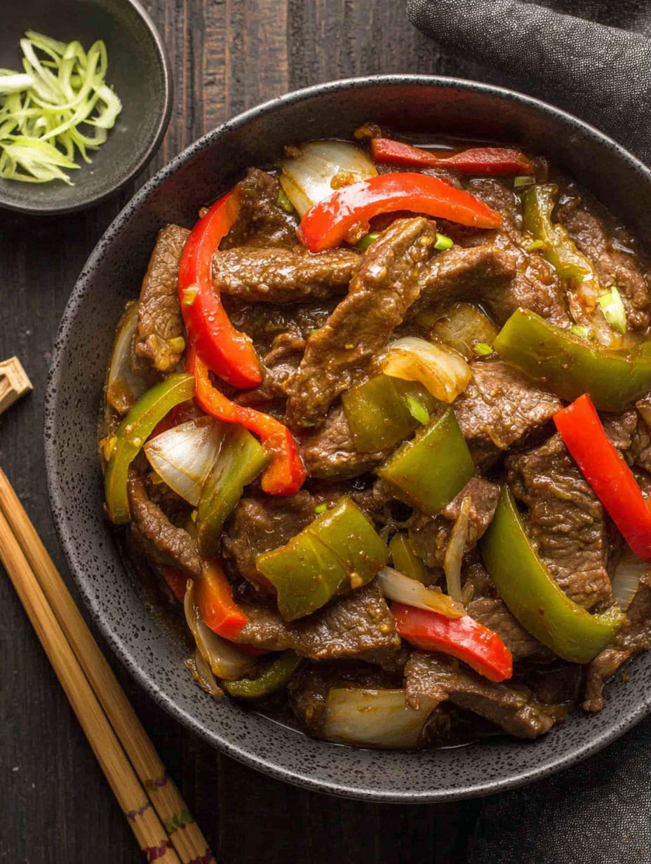 A bowl of beef and peppers.