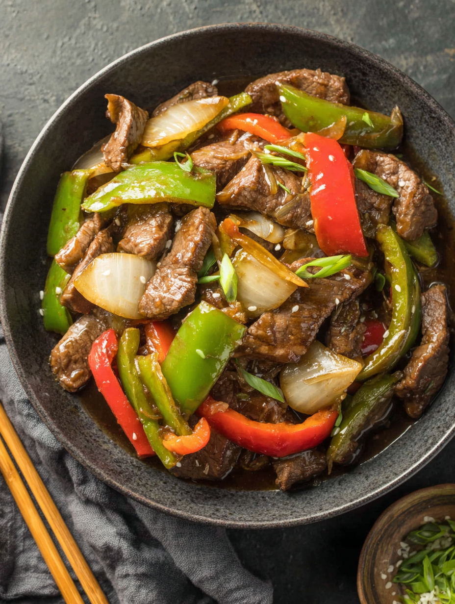A bowl of beef and peppers.