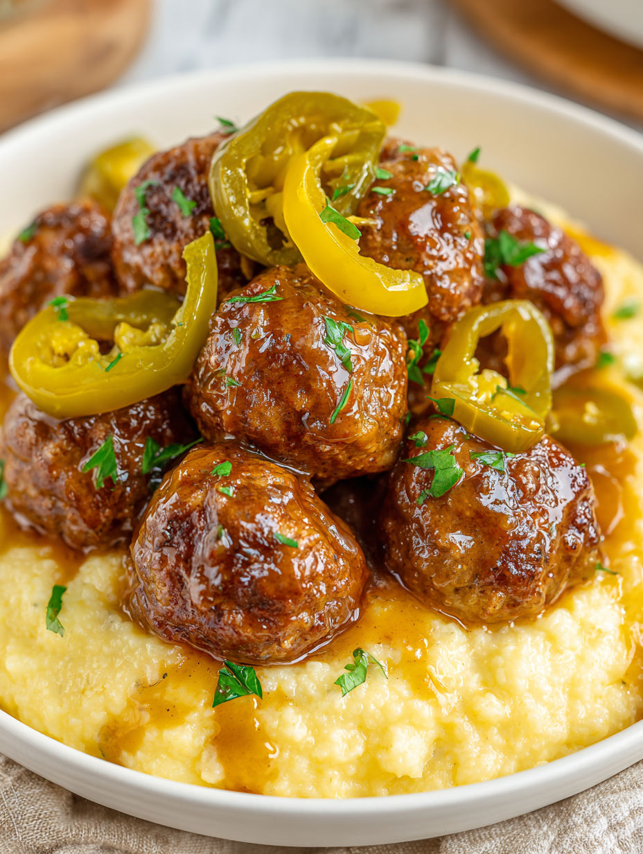 A bowl of meatballs with peppers and onions on top.