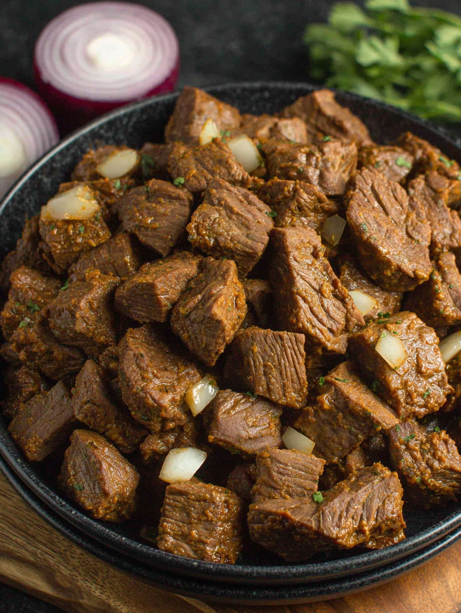 A bowl of beef with onions and peppers.