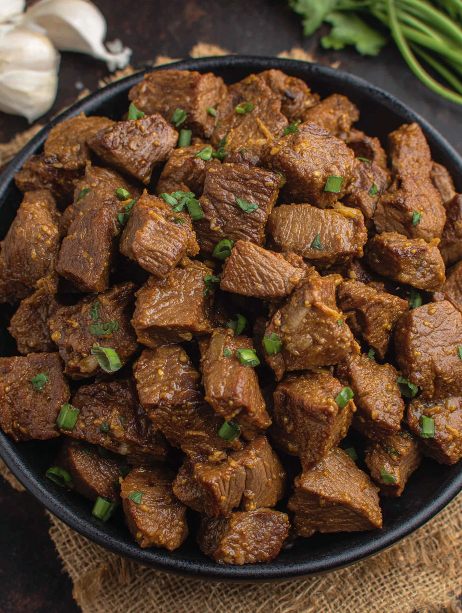 A bowl of beef with green onions.